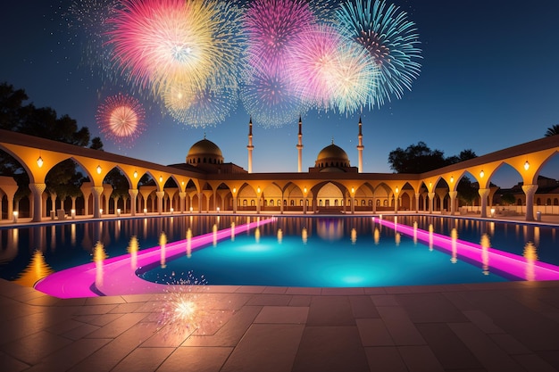 Feuerwerk über einem Pool mit einer blauen Moschee im Hintergrund