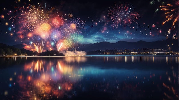 Feuerwerk über einem See mit einem Feuerwerk im Hintergrund