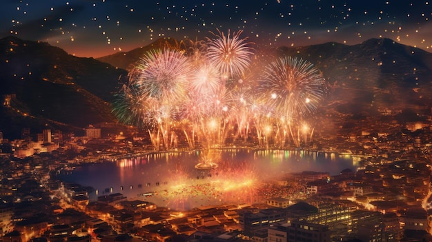 Feuerwerk über einer Stadt mit einer Stadt im Hintergrund