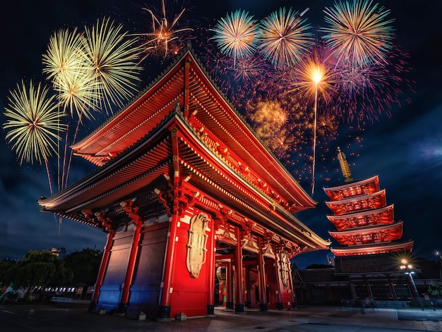 Feuerwerk über Sensoji-Tempel nachts