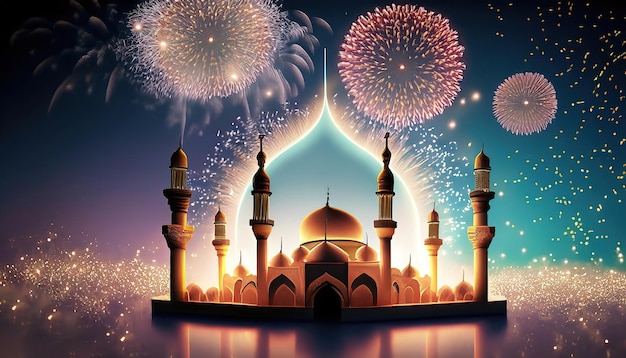 Feuerwerk vor einer Moschee mit einer Moschee im Hintergrund