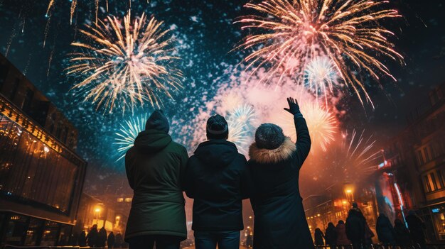 Feuerwerksexplosion am Nachthimmel zum Feiern des frohen Neujahrs 2024 Nationale Feuerwerksschießen am schönen Himmel für einen Neujahrstag des Jahres 2024