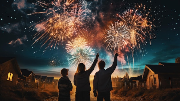 Feuerwerksexplosion am Nachthimmel zum Feiern des glücklichen neuen Jahres 2024 Nationale Feuerwerksschießen im schönen Himmel für einen Neujahrstag des Jahres 2024