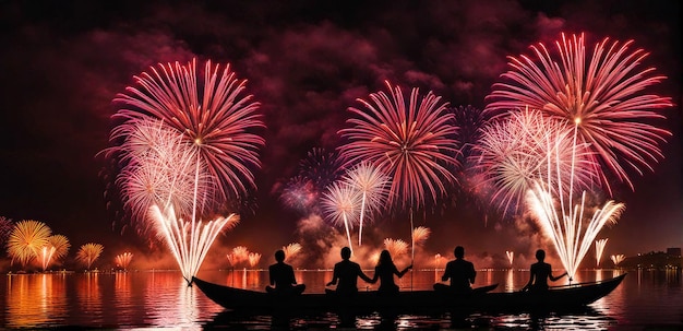 Feuerwerksshow entlang des Hafens mit farbenfrohen Lichtern