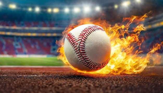 Feurig heißer Baseballball, der mit Kraft getreten wird, orangefarbene Flamme, professioneller aktiver Sport, verschwommene Arena