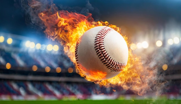 Foto feurig heißer baseballball, der mit kraft getreten wird, orangefarbene flamme, professioneller aktiver sport, verschwommene arena