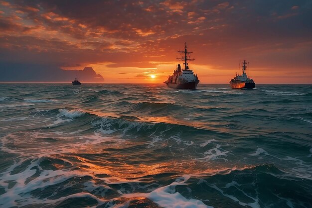 Foto feurige dramatische landschaft mit dem meer schöner himmel und schiffe morgengrauen kleine wellen fast ruhig