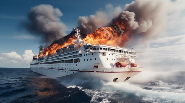 Feurige Flammen verschlingen das majestätische Kreuzfahrtschiff inmitten des cerulischen Meeres.