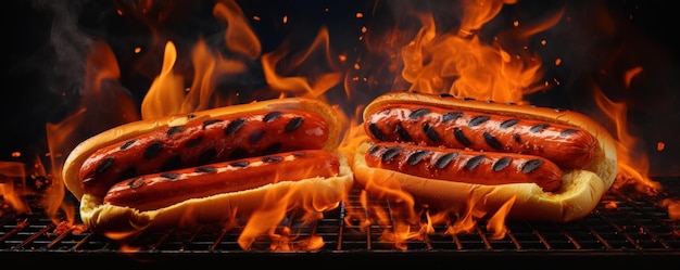 Feurige gegrillte Hotdogs auf Flammen