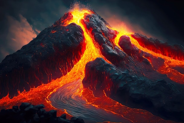 Feurige Lavastruktur, die vom brennenden Vulkan des Berges herabfließt