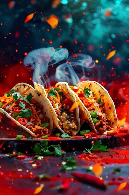 Foto feurige mexikanische tacos explodieren mit lebendigen neonfarben