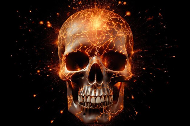 Feuriger menschlicher Schädel auf schwarzem Hintergrund Generative KI-Illustration eines Schädels im Feuer