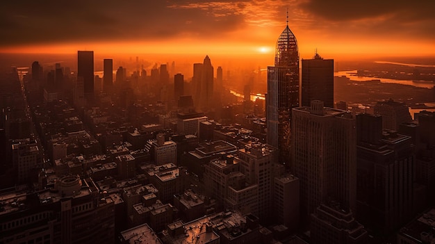 Feuriger Sonnenuntergang über dem Wolkenkratzer der Stadt