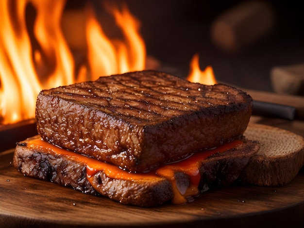 Feuriges 2 cm hohes Seitansteak gegrillt auf einem rustikalen Grill. Generierte Luft