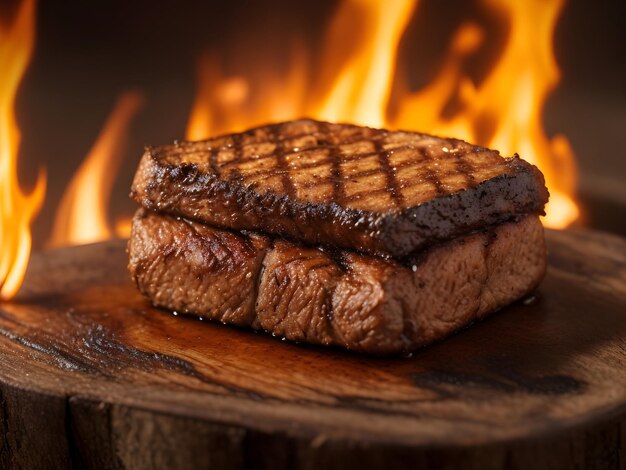 Feuriges 2 cm hohes Seitansteak gegrillt auf einem rustikalen Grill. Generierte Luft