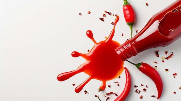 Feuriges Chaos entfesselt verschüttete Chili-Sauce schafft eine lebendige Szene auf weißem Hintergrund