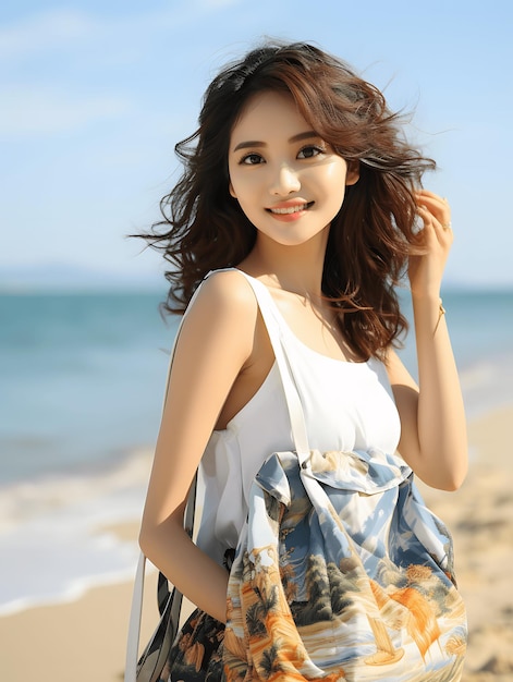 fFcus auf süßes koreanisches Mädchen, das am Meer lächelt