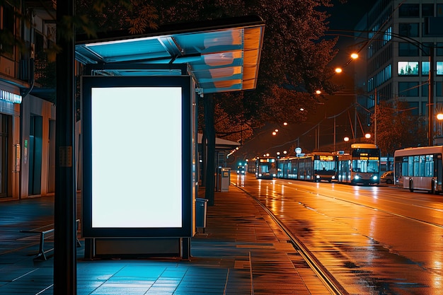 Öffentliche Verkehrswerbung Leerplakat an einer Straßenbahnhaltestelle an einem regnerischen Abend