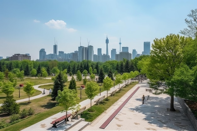 Öffentlicher Park mit Blick auf die Skyline der Stadt und Spaziergänger auf der Promenade