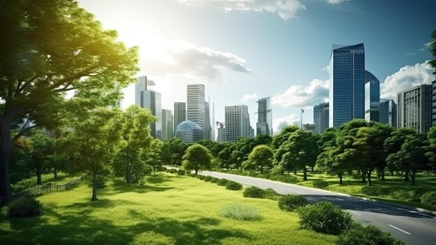 Öffentlicher Park und hohe Gebäude Stadtbild Grüne Umweltstadt Konzept zum Weltumwelttag