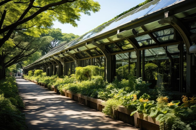 Öffentliches Gebäude mit Solarpanelen unter der Sonne