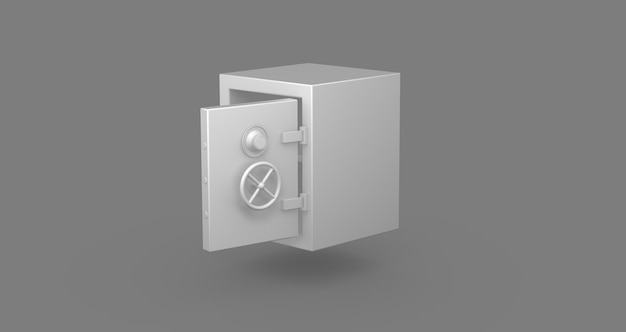 Öffnen Sie den Banksafe auf einem grauen Studio-Hintergrund Minimalkonzept Monochrome Perspektive Sicht 3D-Rendering