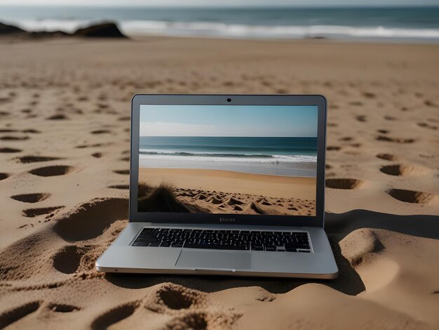 Öffnen Sie den Laptop am Strand und arbeiten Sie aus der Ferne