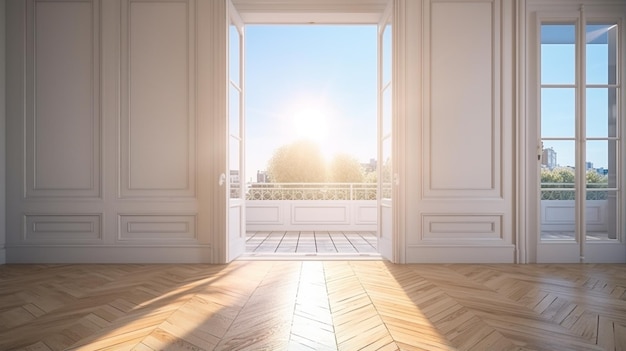 Öffnen Sie die Tür mit einem Schlüssel zu einem großen hellen Luxuszimmer mit großen Fenstern in einer neuen Wohnung Immobilien- und Immobilienkonzept