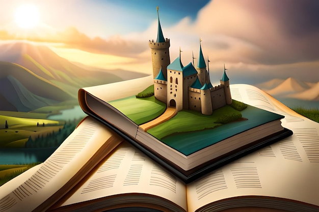 Öffnen Sie ein Buch mit einer Fantasiewelt, die auftaucht. Eine Burg-Illustration über einem BuchGenerative