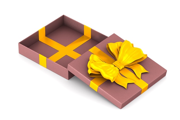 Öffnen Sie rosa Geschenkbox mit roter Schleife auf weißem Raum. Isolierte 3D-Illustration