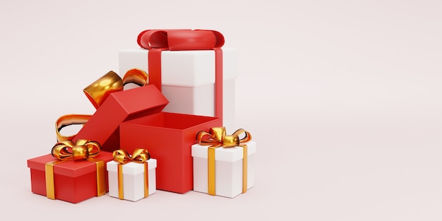 Öffnen und schließen Sie Geschenkbox mit Band für Jubiläumsgeburtstag, Frohe Weihnachten und Frohes neues Jahr-Konzept, 3D-Rendering-Technik.