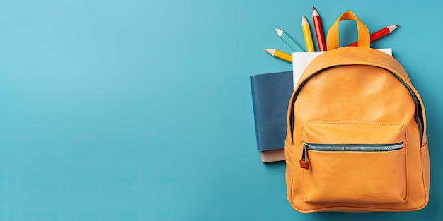 Öffneter stilvoller Rucksack mit Schulartikeln auf blauem Hintergrund