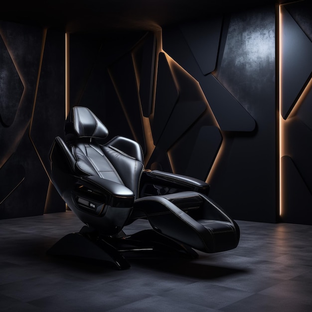 Fi Neon Futuristic Club asientos sillas sala de estar rectángulo brillante azul vibrante onda de sintetizador Cyber Sci escenario interior materiales de madera de hormigón ilustración de renderización en 3D