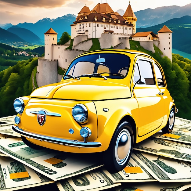 fiat 500 cinquecento gelb 1957 fährt durch liechtenstein schloss mit einer menge von banknoten scatt