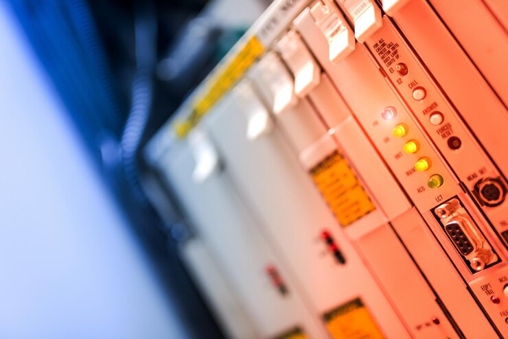 Foto fibra óptica con servidores en un centro de datos de tecnología