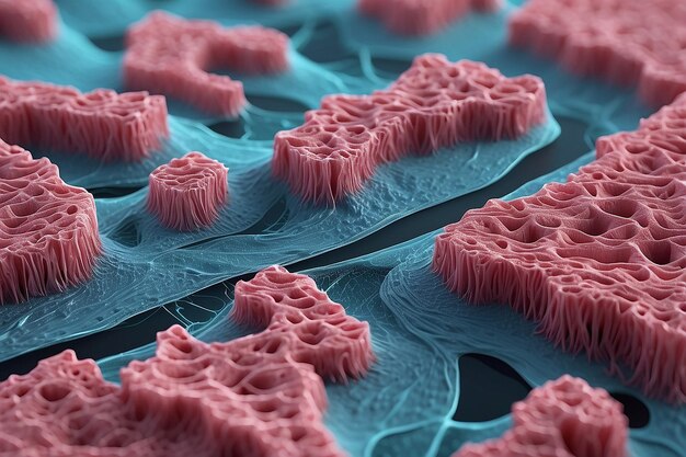 Fibras de tejido en primer plano bajo un microscopio la estructura de la estructura del tejido lavado limpieza investigación espacio de copia 3d render 3d ilustración