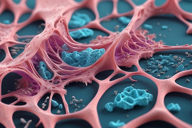 Fibras de tejido en primer plano bajo un microscopio la estructura de la estructura del tejido lavado limpieza investigación espacio de copia 3d render 3d ilustración