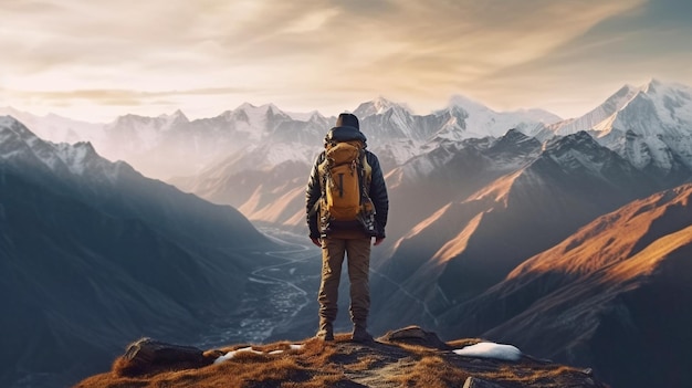 Ficar em pé com as costas retas Alpinista no topo da montanha no Himalaia Conceito de um estilo de vida esportivo para viagens GERAR IA