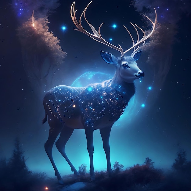 Ficção científica e sensação misteriosa com elementos de cervos ambientados no espaço sideral, IA criativa