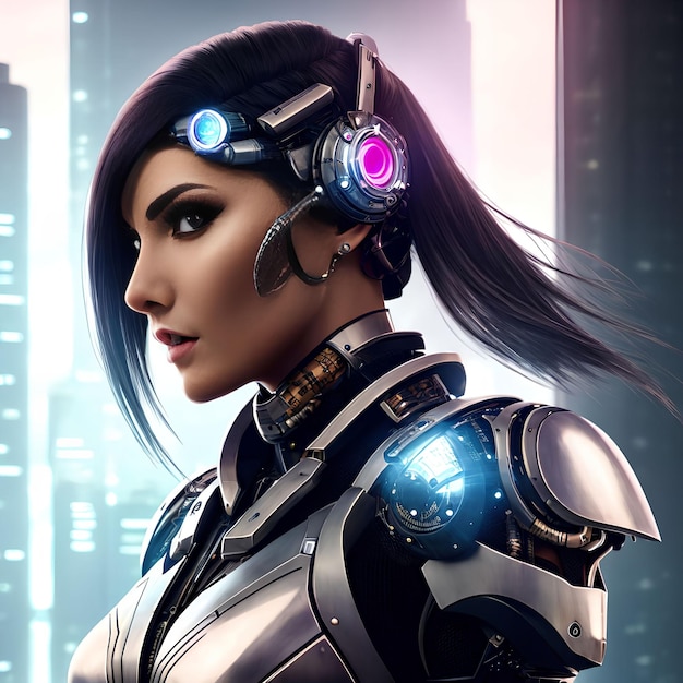 Ficção científica futurista da arte generativa do robô ciborgue feminino por IA