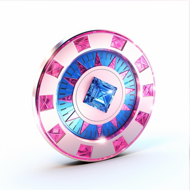 Foto ficha de casino rosa con un diamante azul dentro de la representación 3d