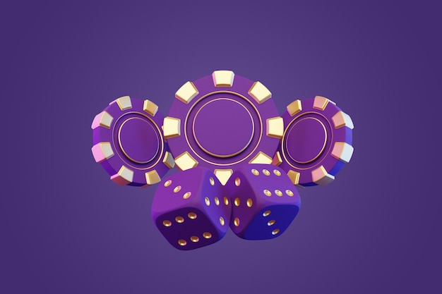 Fichas de casino y dados de juego sobre un fondo morado Concepto de juego de poker blackjack baccarat 3D