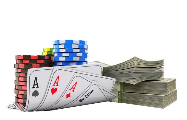 fichas de casino con dinero y tarjetas en blanco objetos 3D realistas sin sombra