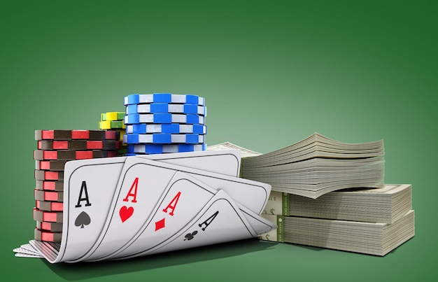 fichas de casino con dinero y tarjetas en verde objetos de renderizado 3D realistas