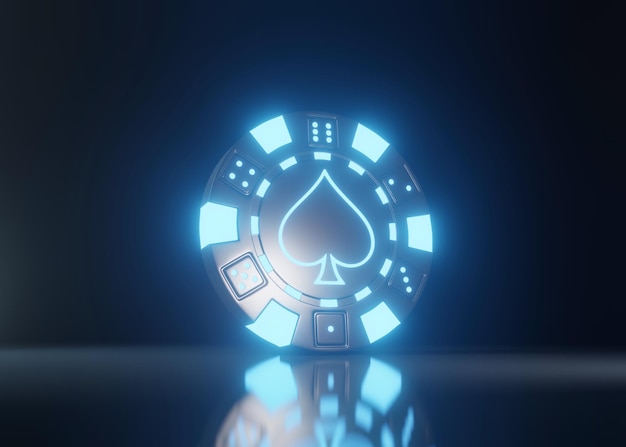 Fichas de casino con luces azules de neón brillantes futuristas y símbolo de picas aislado sobre fondo negro
