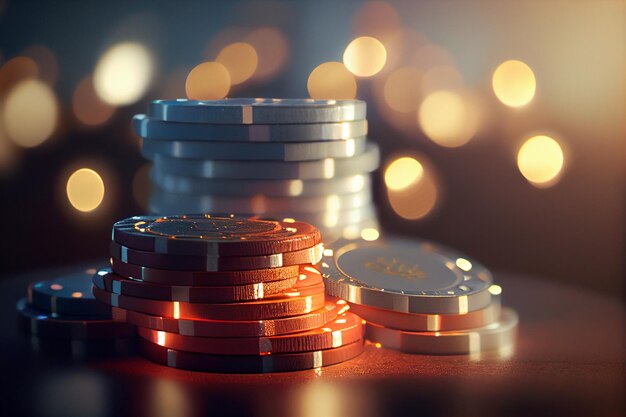 Fichas de casino en la mesa Colorido bokeh backgroundgenerative ai