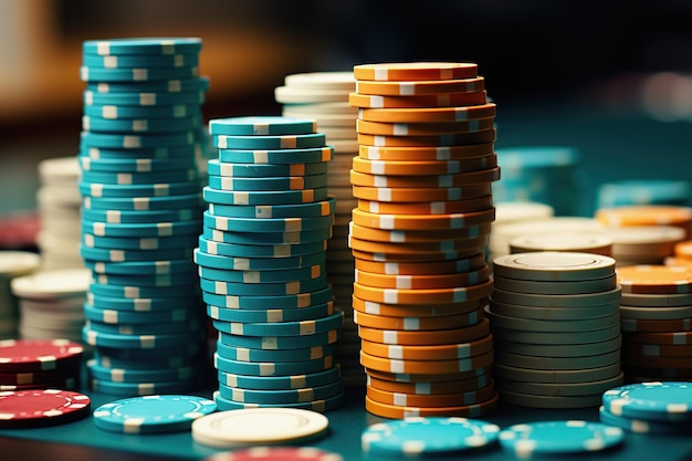 Fichas de casino o fichas de póquer de casino en el fondo borroso colorido de la mesa