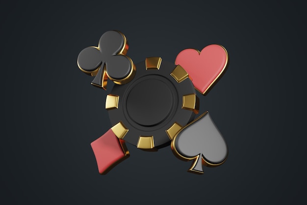 Fichas de casino y símbolos de cartas de ases en un fondo negro Juego de póquer blackjack baccarat 3D render