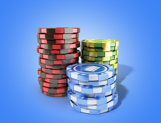 fichas de color del casino aisladas en blanco objetos 3D realistas en azul