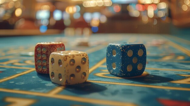 Las fichas y los dados del casino se encuentran en una mesa de juego verde para el póquer, la ruleta, el blackjack, los grandes riesgos, el gran dinero.